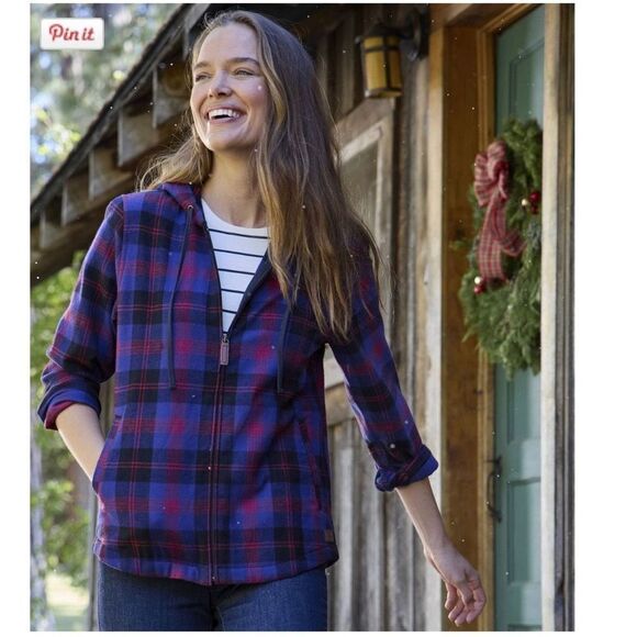 Eddie Bauer Women’s Scotch Plaid Flannel FUR Lined Relaxed Shirt Hoodie sz L NWT - Picture 1 of 9